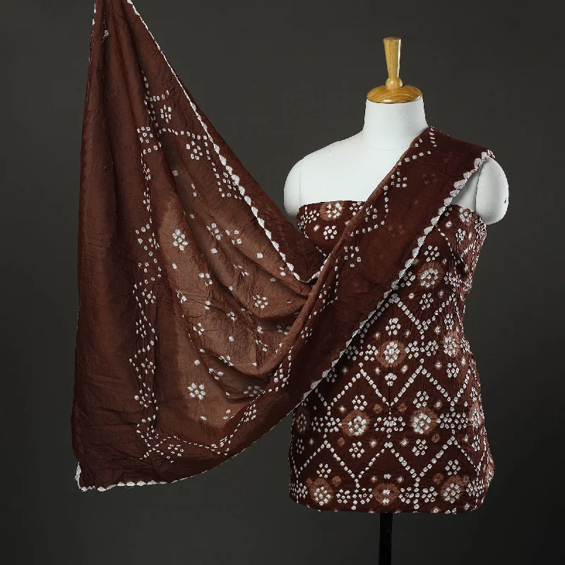 Savings Bonanza Brown - 3pc Tie & Dye Satin Cotton Bandhani Dress Material 42