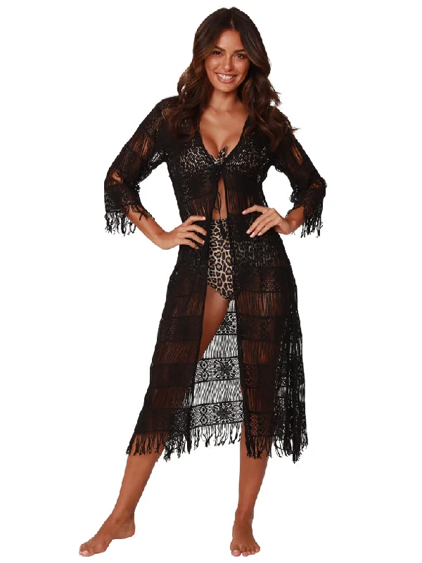 Extra Savings Fringed black Kimono with a tasseled string tie front