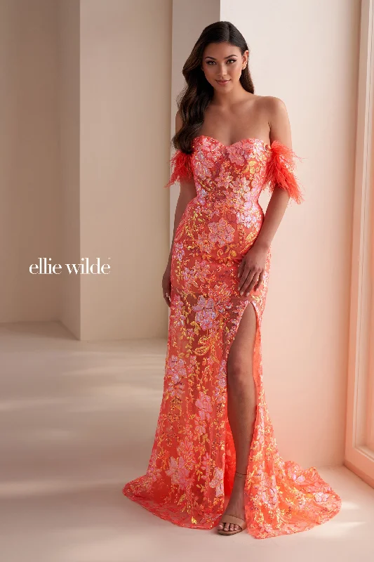 Special Promotion Ellie Wilde EW34034 Fitted Long Formal Feather Prom Dress