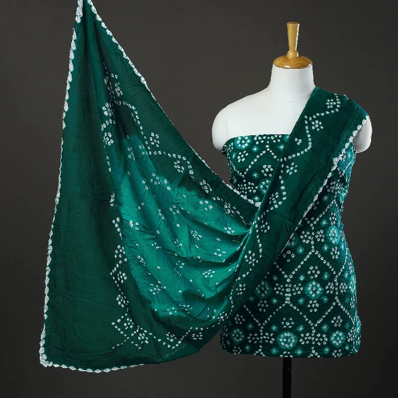 Season Finale Sale Green 3pc Tie & Dye Satin Cotton Bandhani Dress Material 56