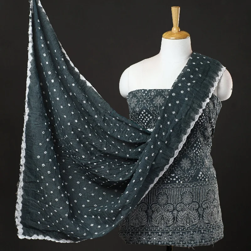 Clearance Sale Grey - 3pc Kutch Bandhani Tie-Dye Mirror Work Satin Cotton Suit Material Set 71 Clearance Sale Grey - 3pc Kutch Bandhani Tie-Dye Mirror Work Satin Cotton Suit Material Set 71