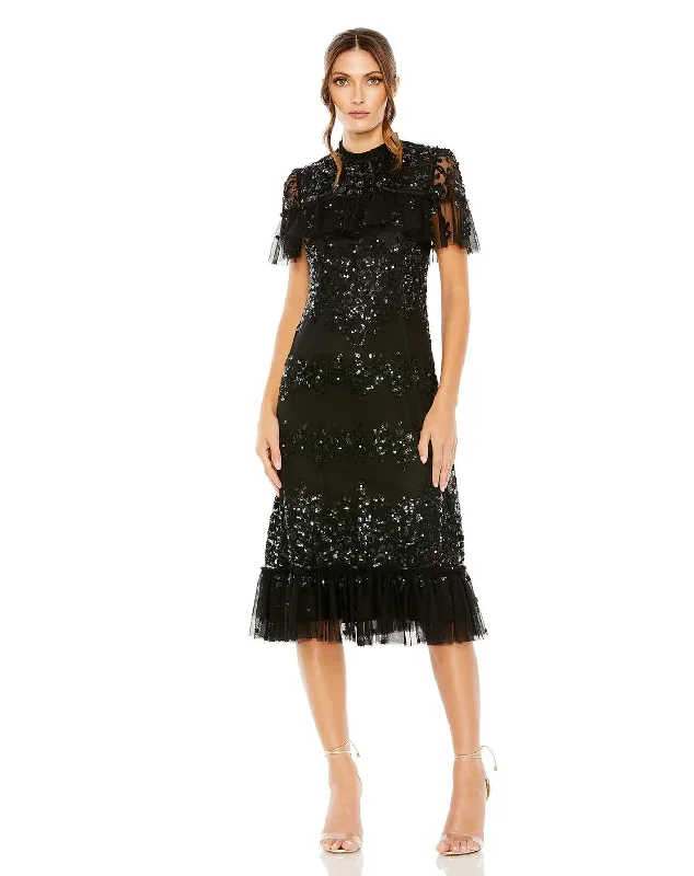 Lowest Price Mac Duggal 9193 Cape Sleeve Tea Length Formal Dress