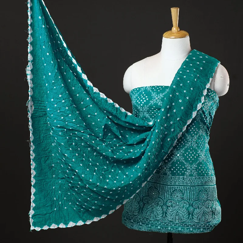 Price Cut Green - 3pc Kutch Bandhani Tie-Dye Mirror Work Satin Cotton Suit Material Set 85 Price Cut Green - 3pc Kutch Bandhani Tie-Dye Mirror Work Satin Cotton Suit Material Set 85