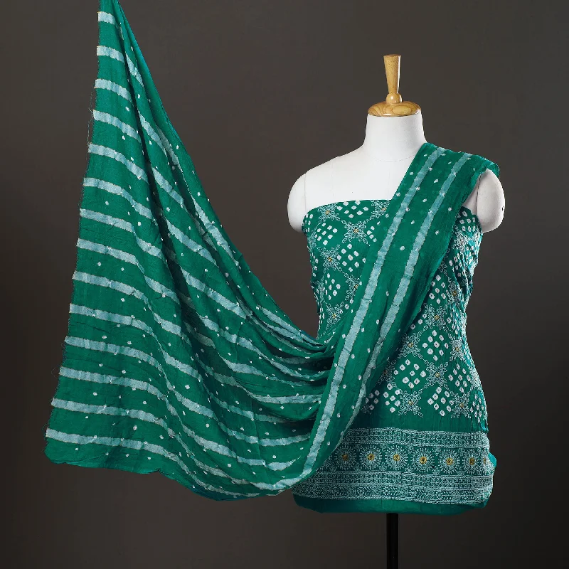 Overstock Green - 3pc Satin Cotton Kutch Bandhani Dress Material 15