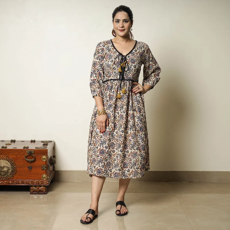 Super Sale Beige - Bagru Block Printed Cotton Flared Dress 16