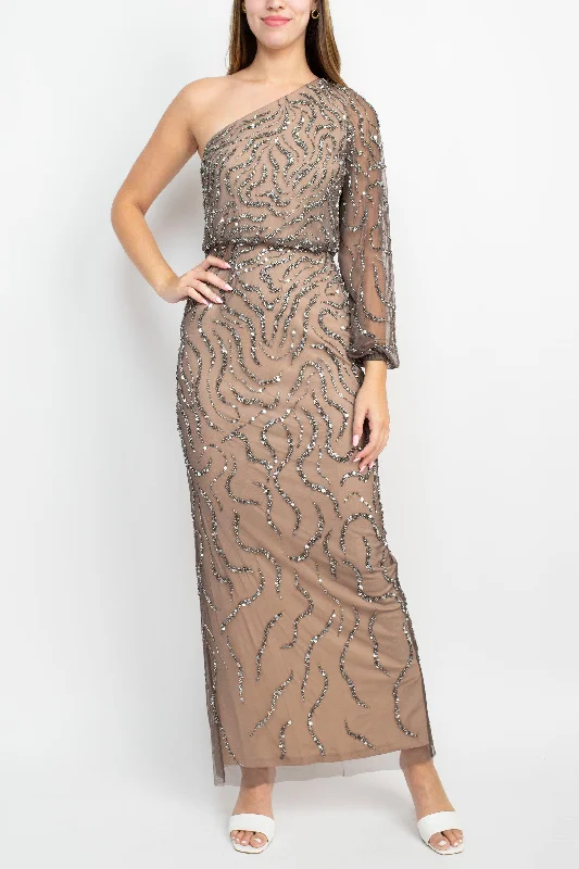 Discount Extravaganza Adrianna Papell AP1E208694 One Shoulder Blouson Slit Back Formal Dress