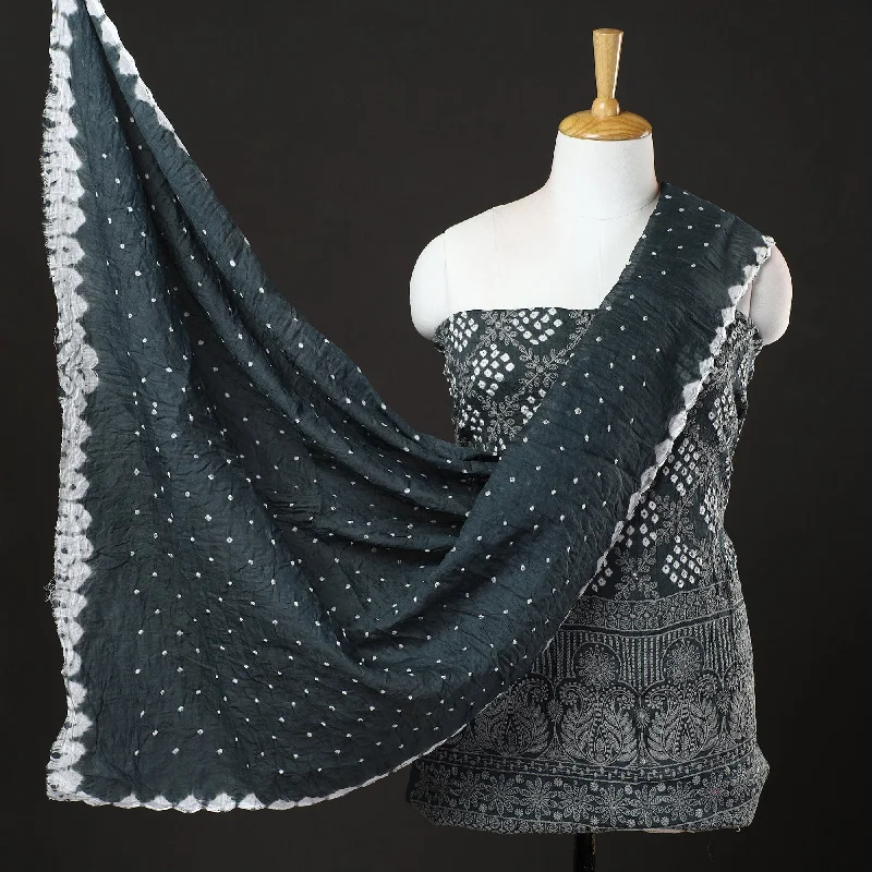 Flash Sale Black - 3pc Kutch Bandhani Tie-Dye Mirror Work Satin Cotton Suit Material Set 68