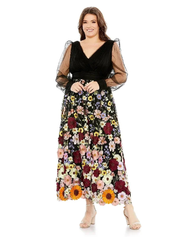 Special Price Mac Duggal 68205 Fabulouss Plus Size Floral Tea Length Dress