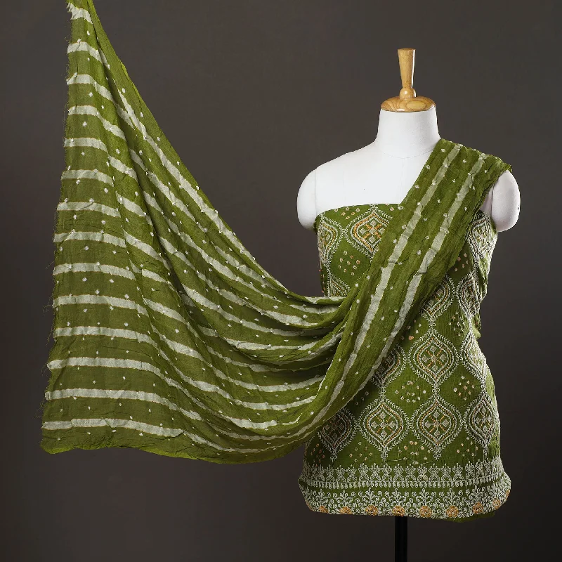 Special Discount Green - 3pc Satin Cotton Kutch Bandhani Dress Material 09