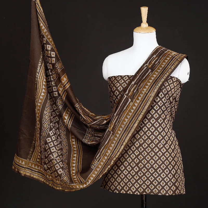 Act Fast Brown - 3pc Akola Block Printed Chanderi Silk Suit Material Set