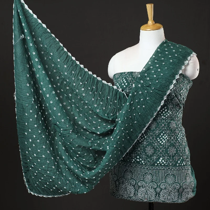 Lowest Price Green - 3pc Kutch Bandhani Tie-Dye Mirror Work Satin Cotton Suit Material Set 98
