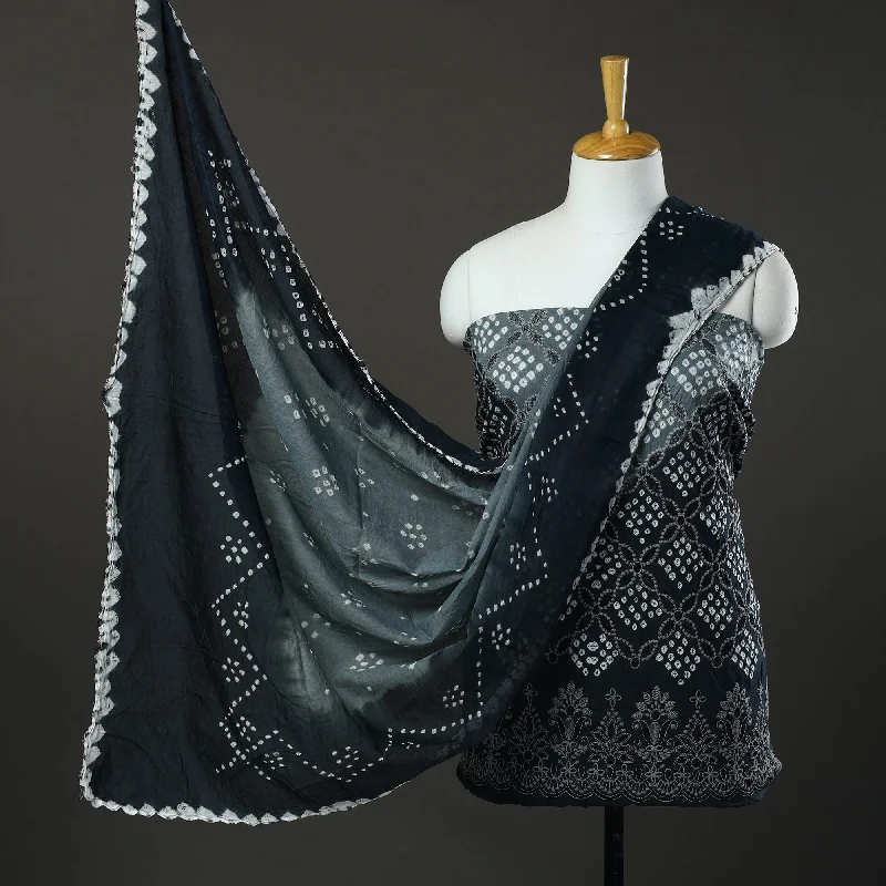 Steals and Deals Black - Grey - 3pc Tie & Dye Satin Cotton Bandhani Dress Material 72