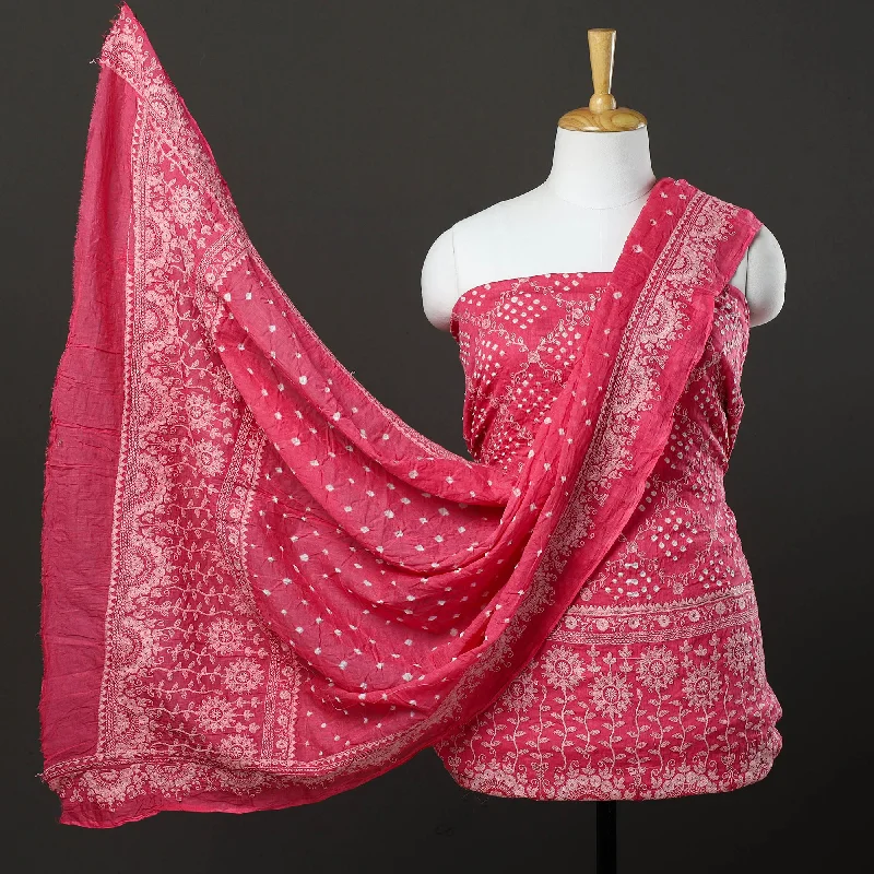 Instant Savings Pink - 3pc Kutch Tie-Dye Satin Cotton Bandhni Dress Material 01