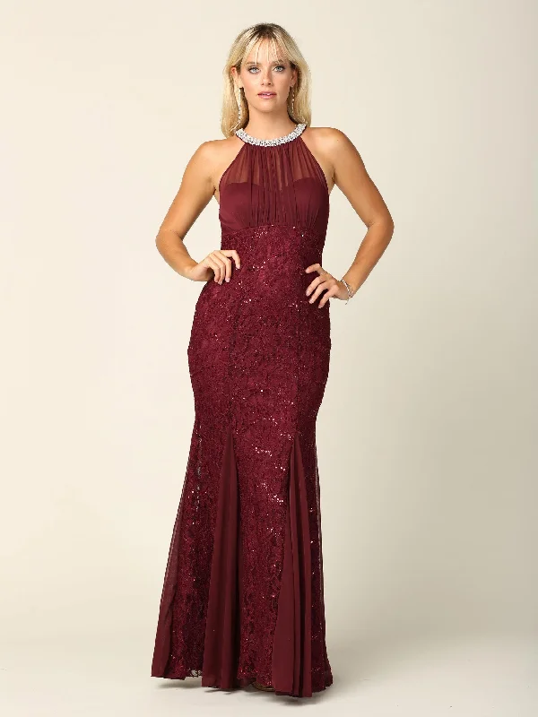 Best Bargains Long Fitted Formal Halter Lace Chiffon Dress Sale