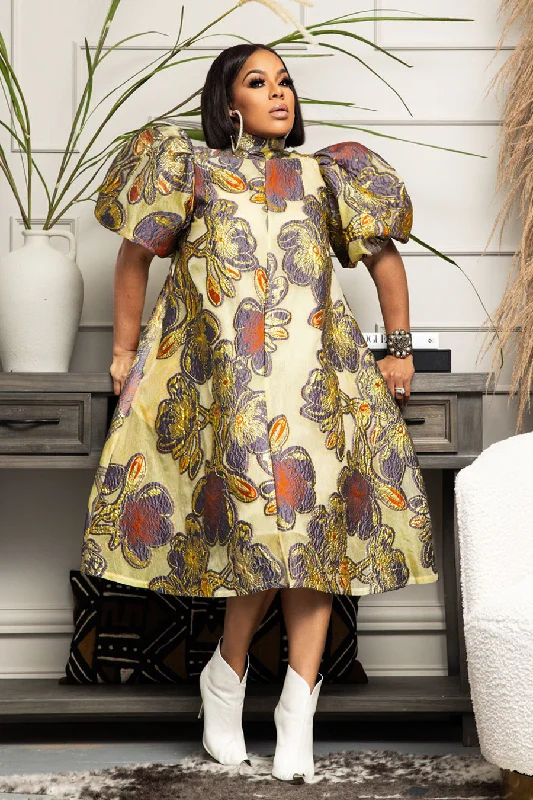 Final Clearance Puff Sleeve Flower Print High Neck Midi Dress