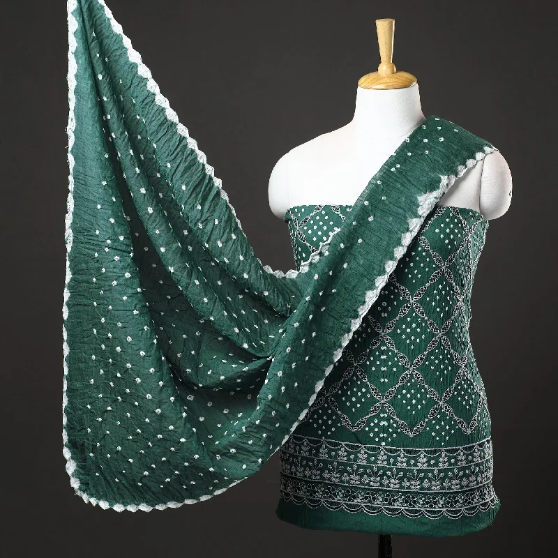 Limited Time Green - 3pc Kutch Bandhani Tie-Dye Cotton Suit Material Set 225