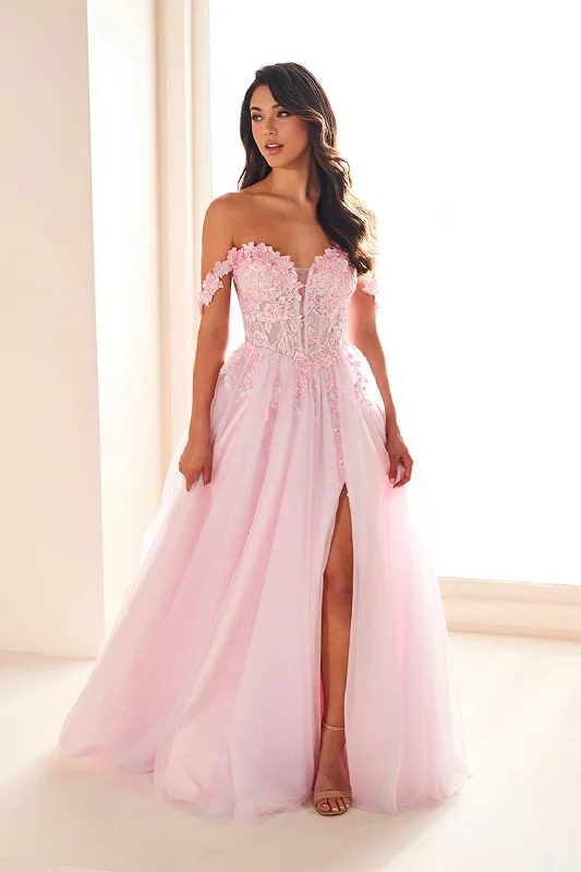 Great Bargains Ellie Wilde EW36214 Long Formal 3D Floral Applique A Line Prom Dress
