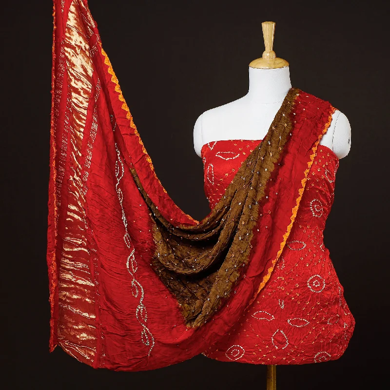 Early Access Red - 3pc Kutch Bandhani Modal Silk Lagdi Patta Suit Material Set