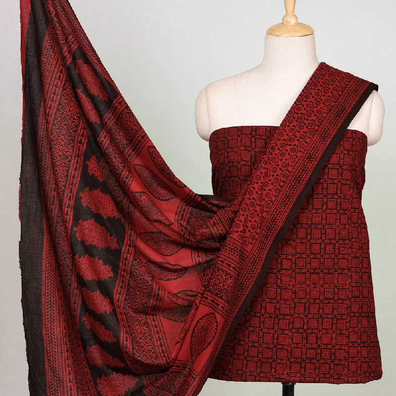 Special Discount Red - 3pc Natural Dyed Cotton Bagh Print Suit Material Set