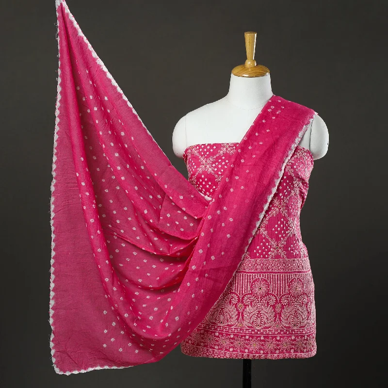 Unmissable Offer Pink - 3pc Tie & Dye Satin Cotton Bandhani Dress Material 13