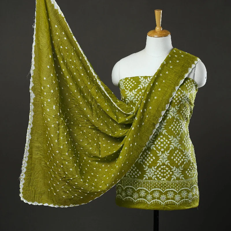 Weekend Deal Green - 3pc Tie & Dye Satin Cotton Bandhani Dress Material 12