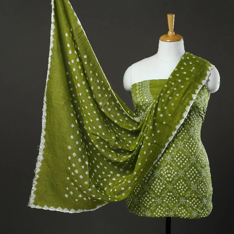 YEAR-End Clearance Green - 3pc Tie & Dye Satin Cotton Bandhani Dress Material 11
