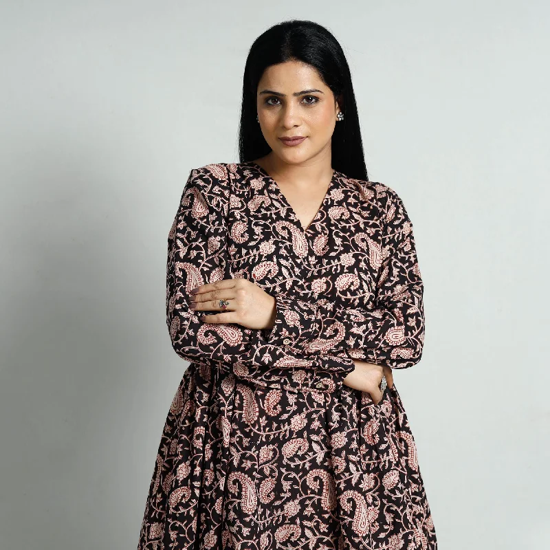 YEAR-End Sale Black - Bagru Block Printed Cotton Flared Dress