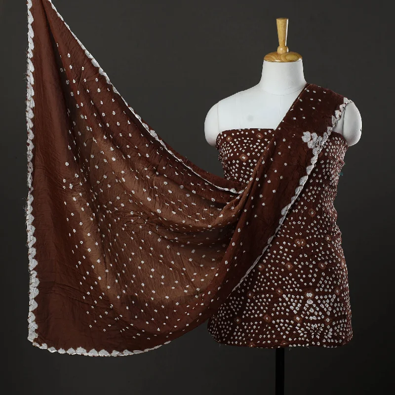 Best Bargains Brown - 3pc Kutch Tie-Dye Satin Cotton Bandhani Dress Material 89
