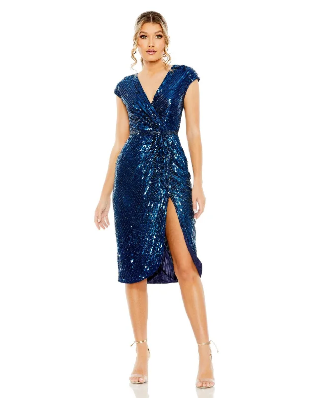 Take Advantage Mac Duggal 5777 Short Sequin Faux Wrap Front Slit Dress