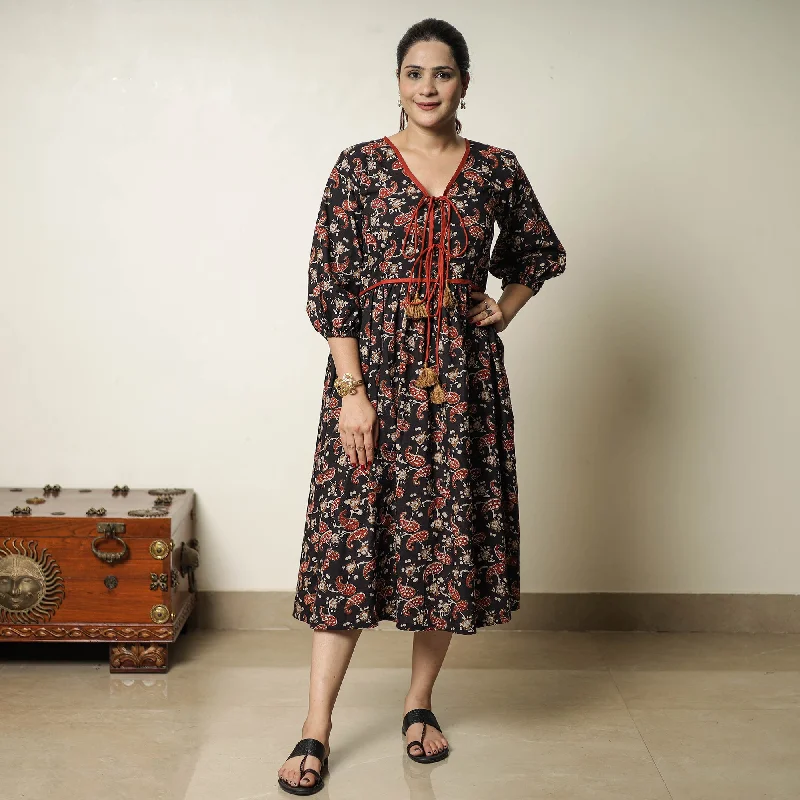 Buy Now Black - Bagru Block Printed Cotton Flared Dress 20