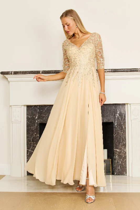 Price Drop Alert Long Sleeve Chiffon Formal Evening Dress Gold