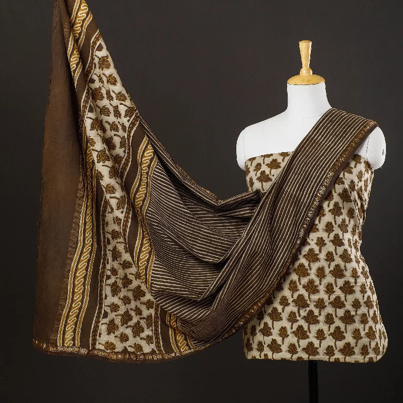 Deal Frenzy Brown - 3pc Akola Block Printed Cotton Suit Material Set