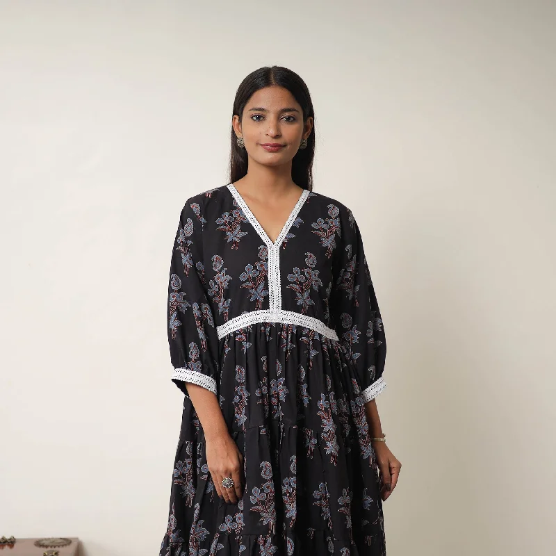 Massive Deals Black - Hand Block Print Cotton Tiered Ajrakh Dress 18