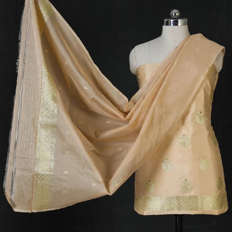 Midnight Madness Beige - Handwoven Katan Silk 3pc Banarasi Dress Material