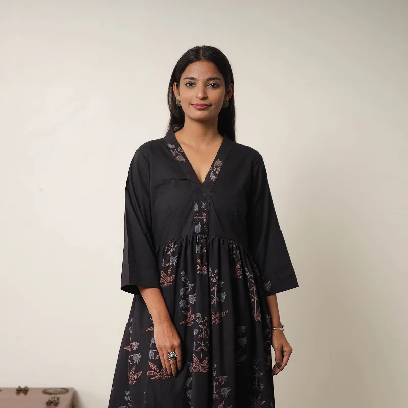Flash Deals Black - Hand Block Print Cotton Flared Gher Ajrakh Dress 03