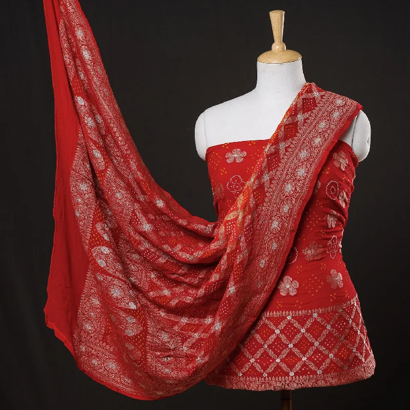 Crazy Deals Red - 3pc Georgette Heavy Zari Bandhani & Banarasi Dress Material