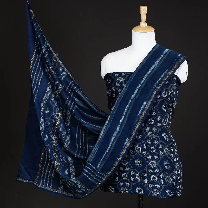 Price Fest Blue - 3pc Akola Block Printed Chanderi Silk Suit Material Set