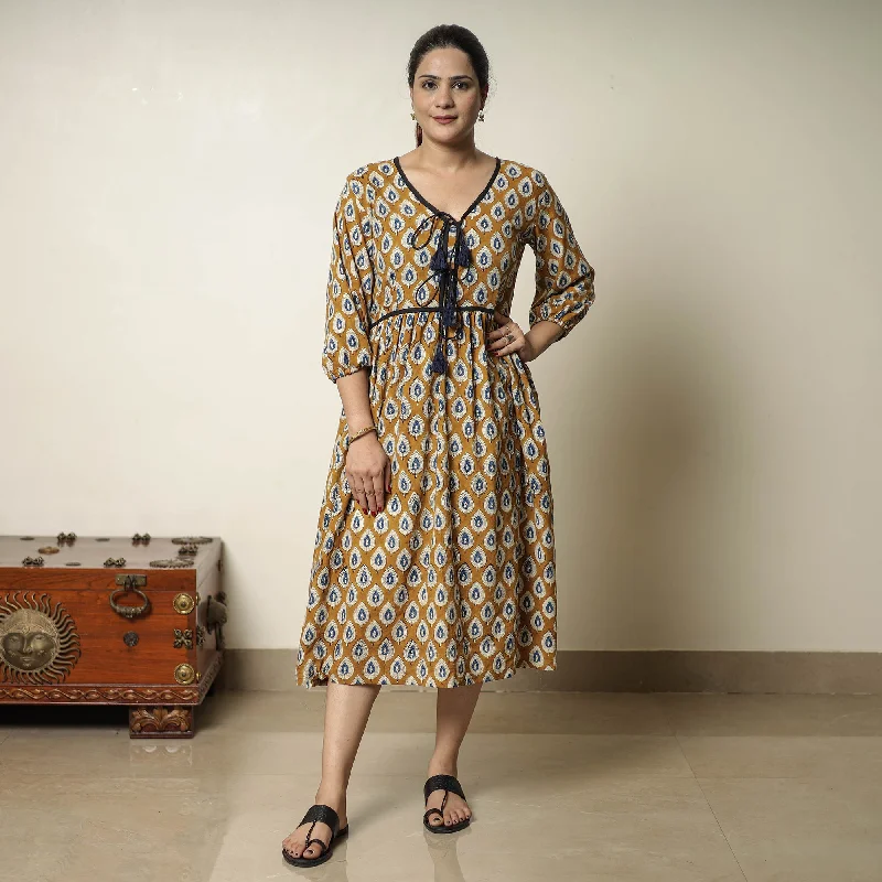 Daily Deals Brown - Bagru Block Printed Cotton Flared Dress 19