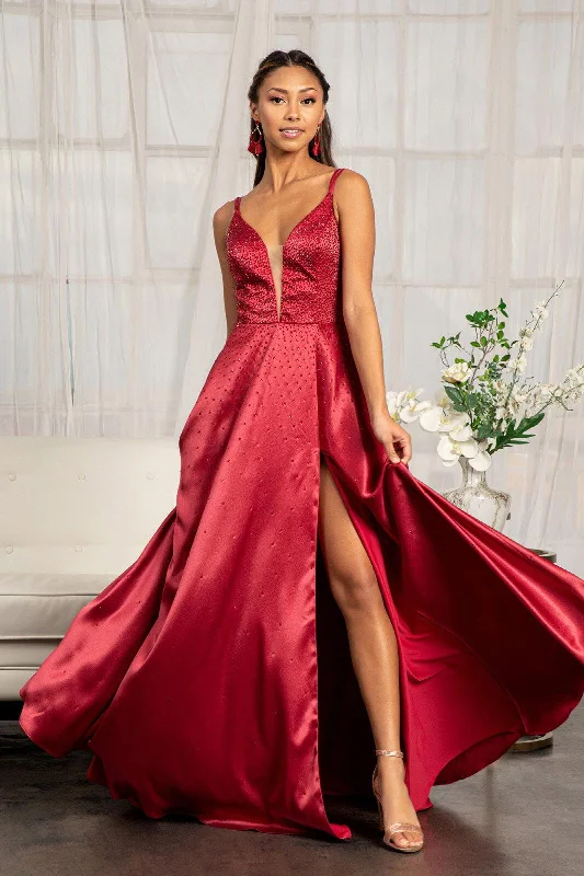 Hurry In Long Spaghetti Strap Satin A Line Prom Dress