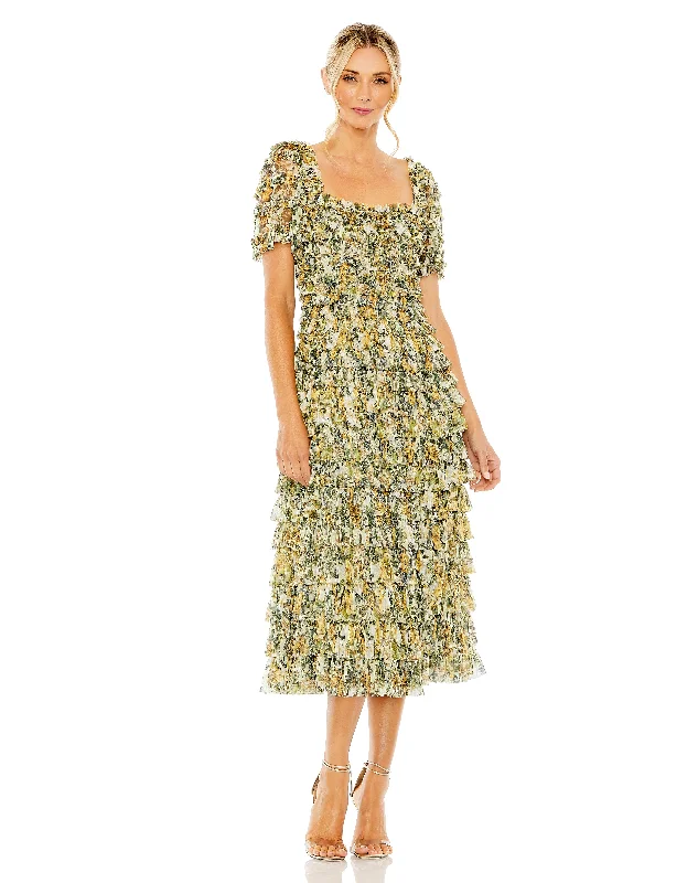 YEAR-End Sale Mac Duggal 8232 Floral Ruffle Cocktail Tea Length Dress