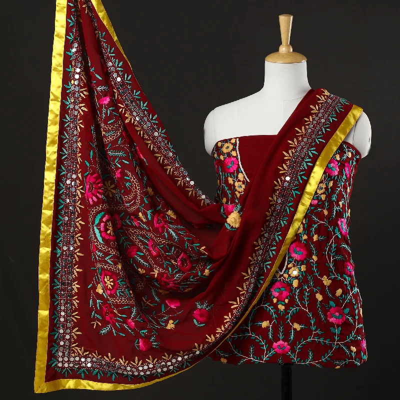 Bargain Bin Maroon - 3pc Phulkari Embroidery Chapa Work Georgette Suit Material Set 44 Bargain Bin Maroon - 3pc Phulkari Embroidery Chapa Work Georgette Suit Material Set 44