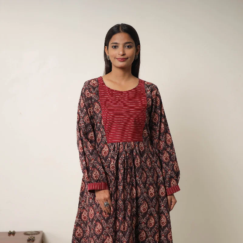 Steals and Deals Brown - Hand Block Print Cotton Flared Gher Ajrakh Dress 14