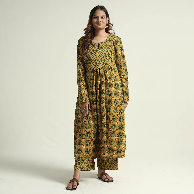 Overstock Yellow - Block Print Cotton Flared Ajrakh Kurta with Palazzo Set