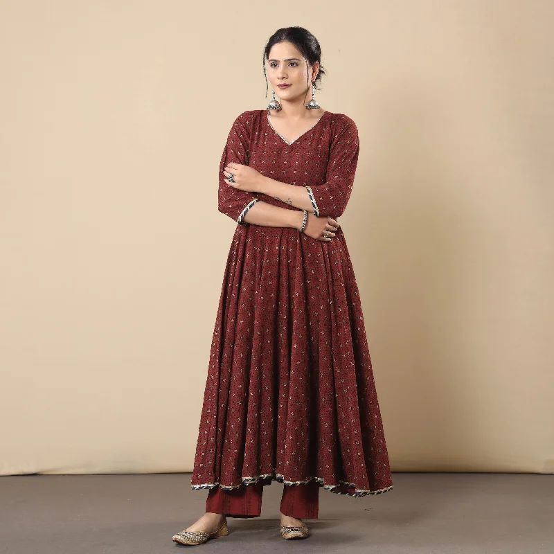 Can't Miss Maroon - Block Print Cotton Flared Gher Ajrakh Kurta with Pant Set 06