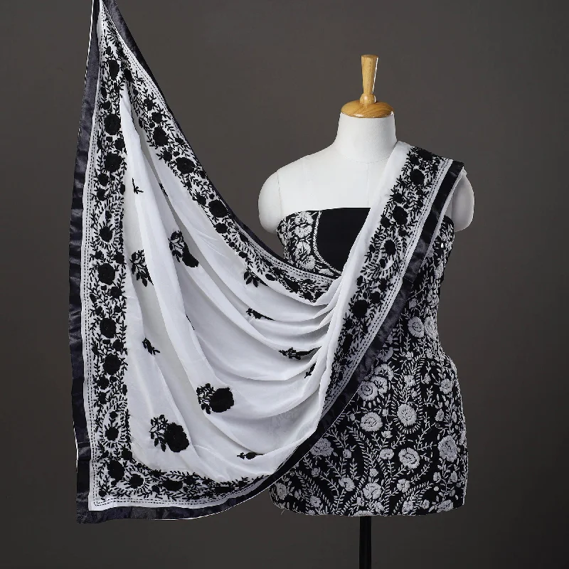 Stock Clearance Black - 3pc Hand Embroidery Georgette Phulkari Dress Material 03