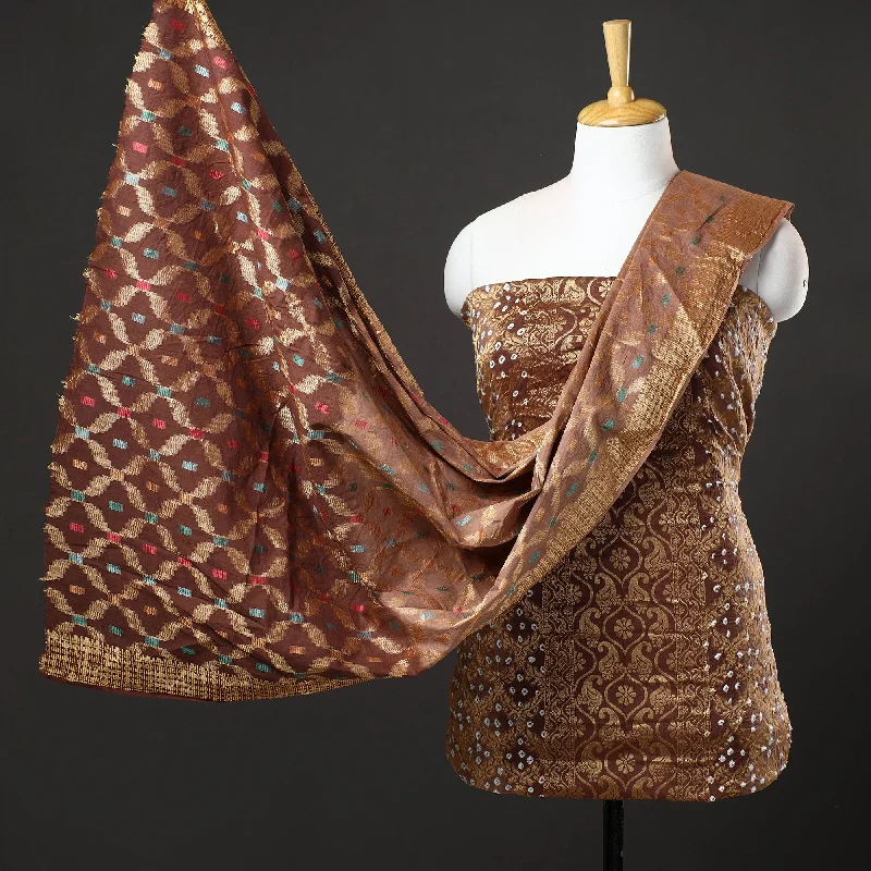 Final Clearance Brown - 3pc Kutch Bandhani Tie-Dye Gadwal Satin Cotton Suit Material Set 175