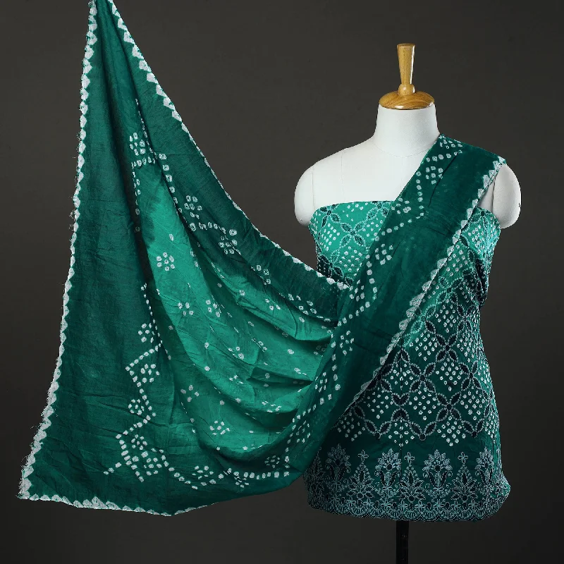 Overstock Green - 3pc Tie & Dye Satin Cotton Bandhani Dress Material 79