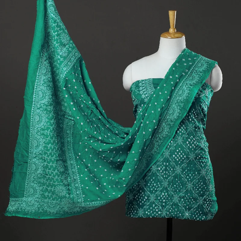 Year-End Sale Green - 3pc Mirror Work Satin Cotton Bandhani Dress Material 112