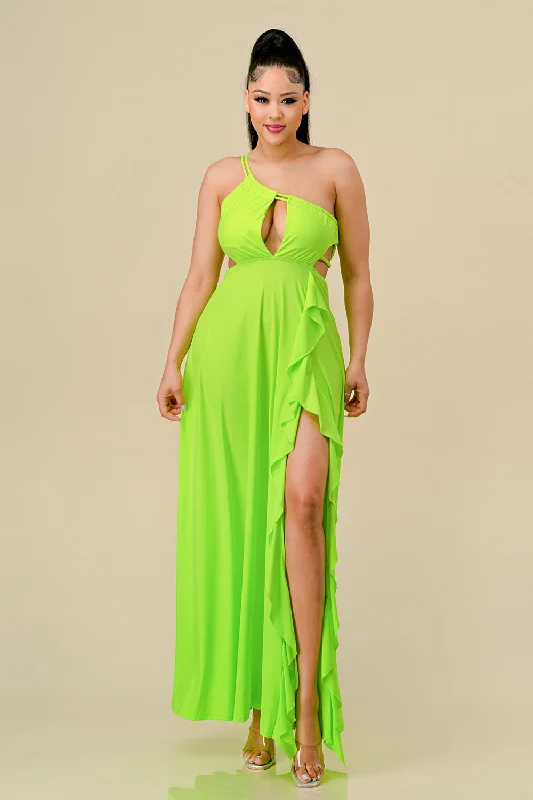 Flash Sale Long One Shoulder Ruffled Maxi Dress