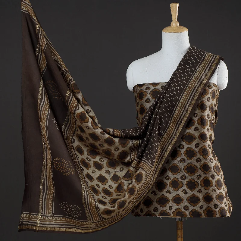 Incredible Offers Brown - 3pc Akola Block Printed Chanderi Silk Suit Material Set
